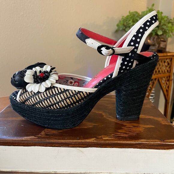 Poetic License Fancy Me Block Platform Heels Black Tan Red White Floral US 6 - Picture 5 of 15